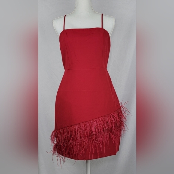 Sam Edelman Feather Hem Sheath Red Wine Dress Valentines Women's Size 8 New - Picture 1 of 8